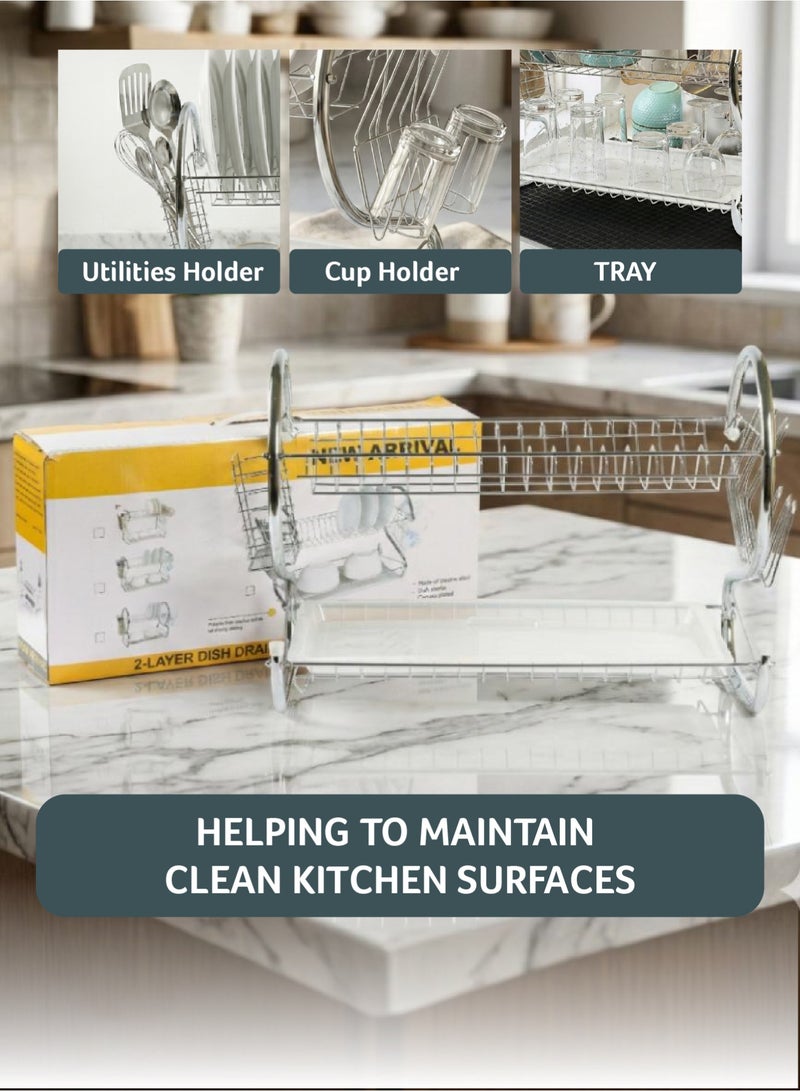 REST Rustproof Stainless Steel 2 Tier Dish Drying Rack, Dish Rack with Stable Footpad, Utensil & Cup Holders, Automatic Drainage Drainboard Large Capacity for Small Kitchen Silver - Image 3